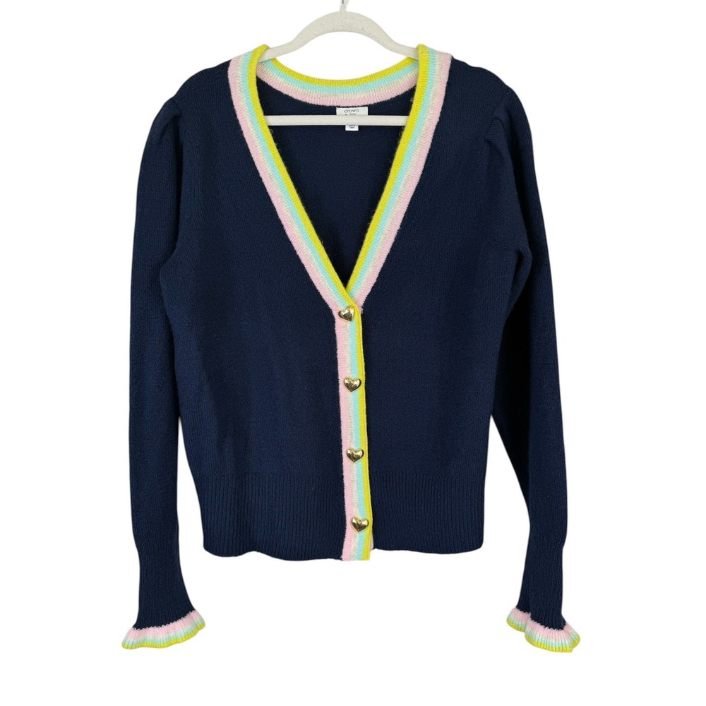 Crown & Ivy Cardigan Sweater Women's Size Large Navy Gold Heart Buttons Preppy